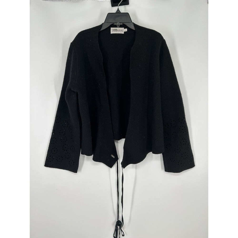 Fisherman Out Of Ireland Wrap‎ Tie Wool Sweater Open Front Eyelet Womens Large